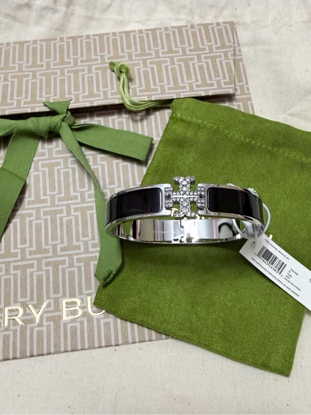 Tory Burch Black and Silver Crystal Logo Hinged Bangle